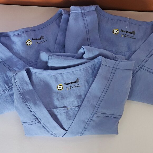 Lot of 3 Four-Stretch Womens Blue Nursing Scrub Top Pockets V-Neck Flexible Sz S - Picture 10 of 11